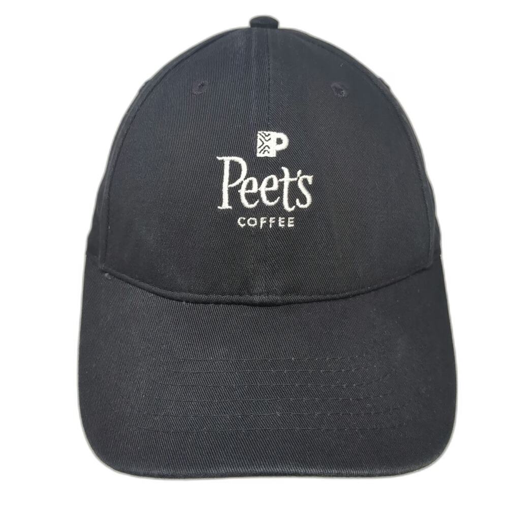 Peet's Coffee Black Baseball Cap One Size Leather Strapback Hat Twill Logo